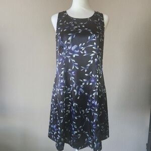 Lisa Jo Sheath Dress Navy With White & Blue Floral Print Sheen Sleeveless Size M